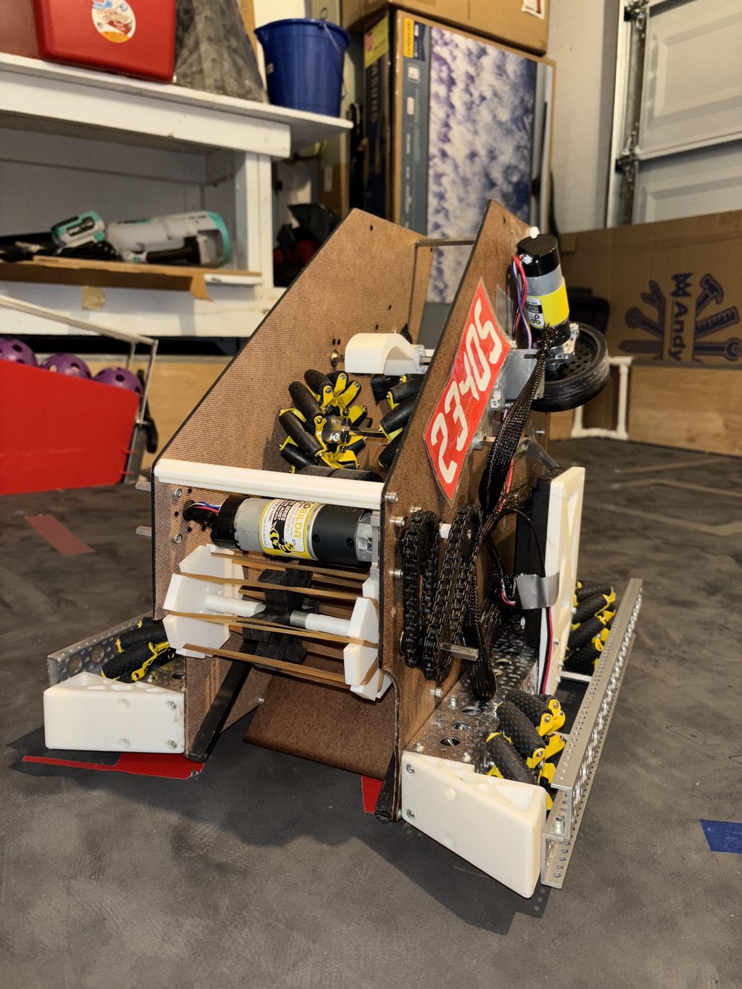 The team's DECODE 2025-26 competition robot, showing its flywheel shooter, intake and ramp.